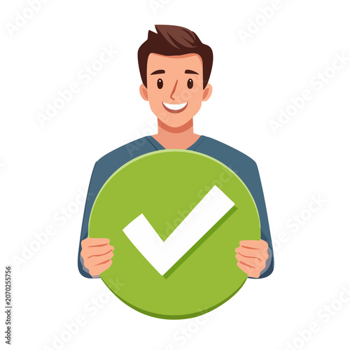 Smiling man holding green checkmark in circle