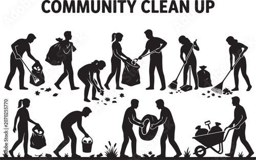 Community clean up, volunteer silhouettes, people cleaning, environmental conservation icons, black and white vector graphics
