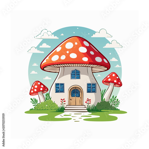 Cartoon house with red mushroom and clouds
