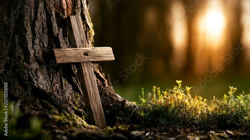 Rustic Wooden Cross Resting Beside Ancient Tree in Serene Natural Setting with Soft Warm Light