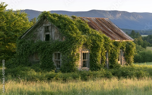 Overgrown Farmhouse in Countryside Bathed in Golden Light with Lush Greenery and Mountain Background