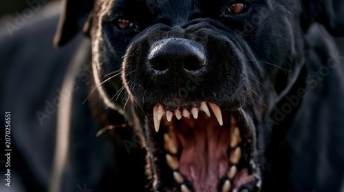 Intense Portrait of a Black Guard Dog Growling with Protective Stance and Sharp Teeth