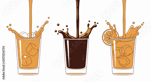 Three refreshing drinks splashing in glasses.