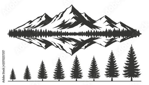 Black and white natural landscape assets showing a majestic mountain range with water reflection and individual pine trees.
