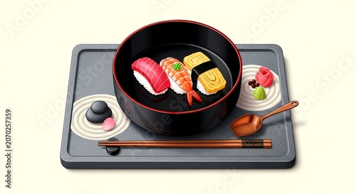 Nesting Lacquer and Stone Garden. assorted three nigiri as three precious gems, arranged inside a deep black lacquer bowl (wan), the bowl on a stone plate (ganban).