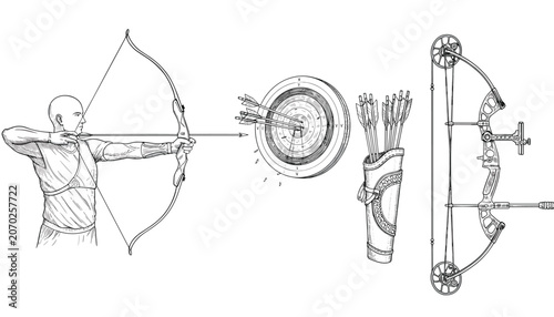 Archery training vector illustrations set including a male archer, target with arrows, quiver, and compound bow.