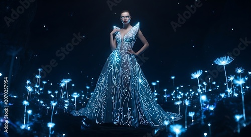 Luminescent Gown Shines Under Night Sky With Lights.