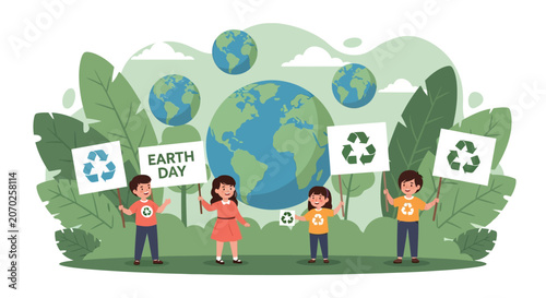 Children celebrate Earth Day holding signs with recycling symbols and planet Earth.