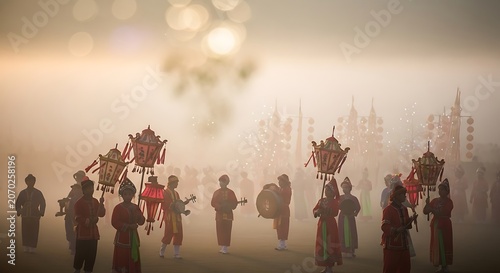 Silhouetted parade participants carry grand floral arches at dawn.