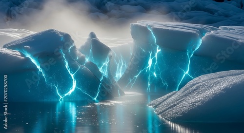 Electric blue cracks over glacier ice canyon.