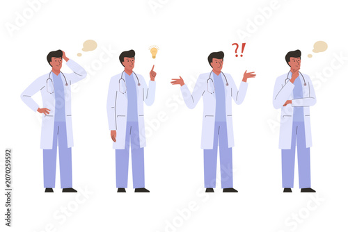 Doctor man in lab coat and stethoscope in different poses Set. Male medic character standing and wondering, confused copy