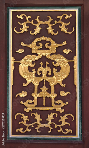 Gold Leaf Ritual Vessel Motif on Vintage Peranakan Wooden Panel