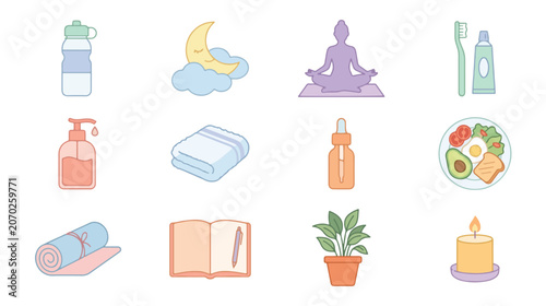 Daily Self Care Routine Flat Vector Icons Collection Set