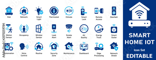Smart Home IoT Vector Icon Set. Editable Internet of Things, Home Automation, Security, Energy, and Smart Devices Symbols.