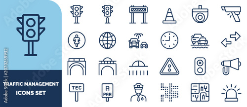 Traffic management set, outline symbols of road signs, vehicles, surveillance cameras, and infrastructure