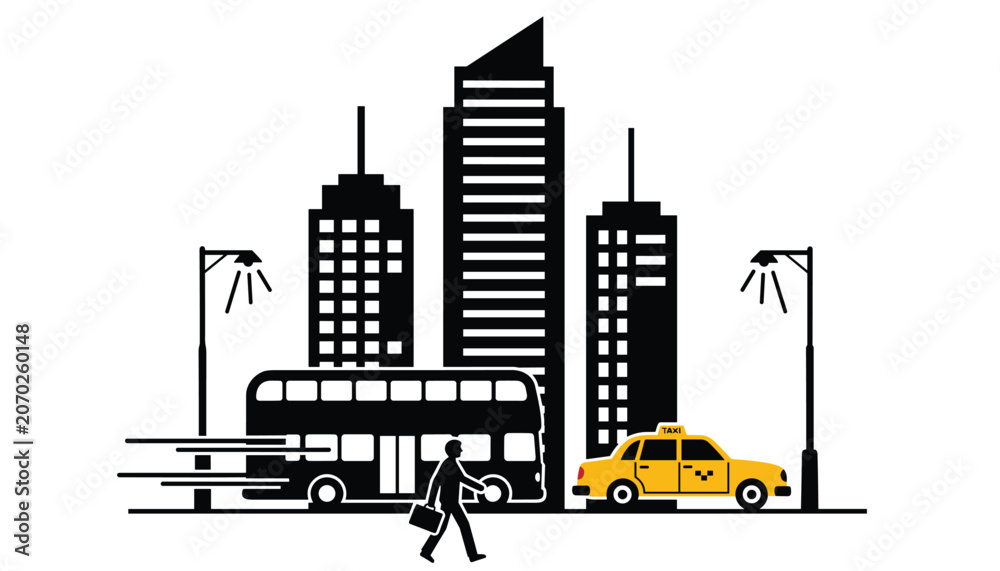 Obraz premium Busy city street scene with tall skyscrapers, a double-decker bus, a yellow taxi, and a walking pedestrian.