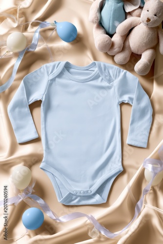 Delicate blue birthday outfit mockup nestled among soft toys and festive decorations