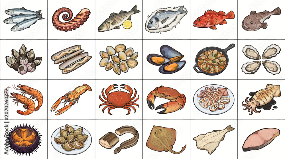 Obraz premium A vibrant seafood market display with various types of fish, crustaceans, and mollusks on a clean surface.