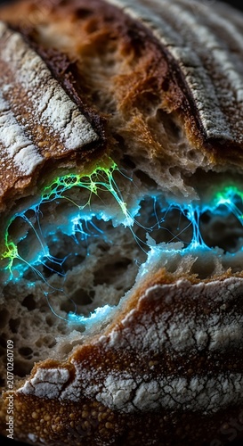 Macro close up of glowing turquoise veins in dark rock.
