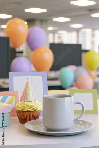 Celebration setup with a delightful cupcake and cheerful balloons in a bright office space