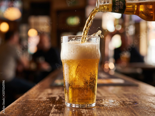 Refreshing beer pouring from glass bottle into tall glass mug on rustic dark wooden table.
