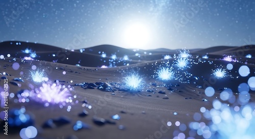 Magical Blue Winter Snowfield With Glowing Particles Under Starry Sky.