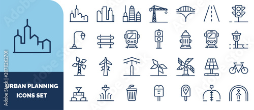 Urban planning set featuring city infrastructure, transportation, renewable energy, and public utility symbols in outline style