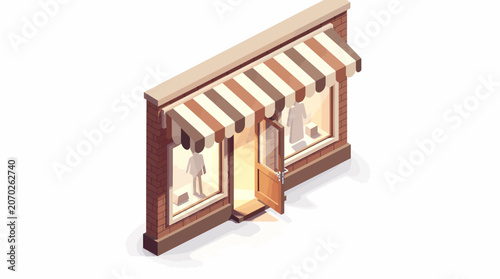 Isometric semi-3D render of a storefront with an awning and an open door, showcasing a retail shop