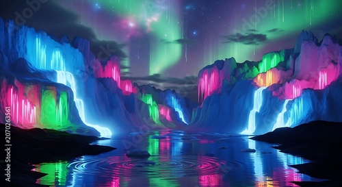 Majestic Aurora Over Colorful Nightwater Landscape.