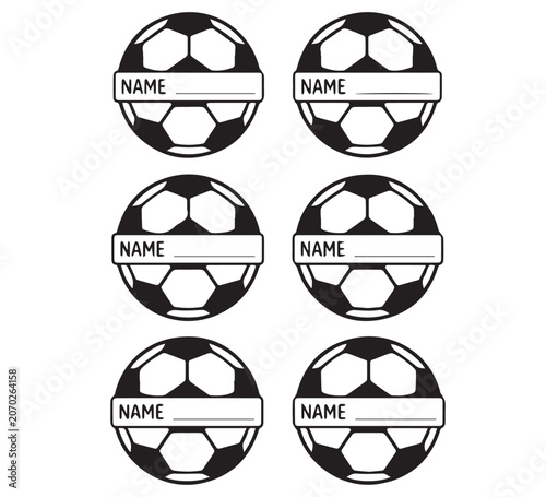 Set of six classic soccer ball name labels for personalized identification. Perfect for sports gear, school items, and party favors, featuring blank name fields