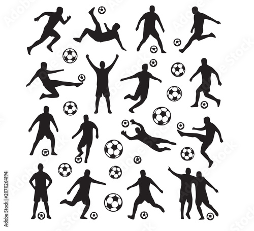 Dynamic collection of diverse soccer players showcasing various football actions and poses, capturing the essence of athletic competition and sporting activity on the field with energy and skill
