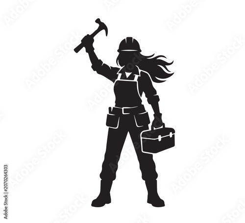 Empowered female construction worker silhouette wearing hard hat and overalls, lifting hammer and toolbox to represent skilled labor and equality