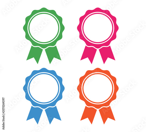 Colorful award ribbon seals for recognition and success achievement, featuring flat vector graphic badge icons in green, pink, blue, and orange