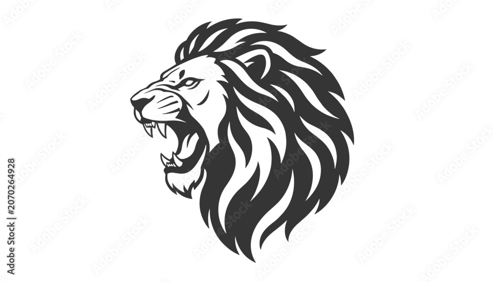 Obraz premium High contrast black and white graphic illustration of a roaring wild lion head with a majestic and detailed flowing mane.