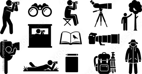 Konstfotografi Birdwatching Equipment and Observer Silhouette Icon Set