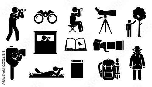 Εκτύπωση καμβά Birdwatching Equipment and Observer Silhouette Icon Set