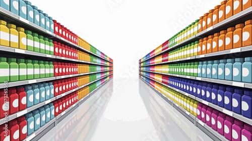 Vibrant semi-3D illustration of a modern retail aisle, displaying rows of shelves brimming with diverse, colorful product containers, symbolizing vast consumer choice and efficient inventory