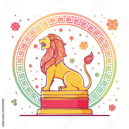 Flat illustration of a lion statue with geometric frame