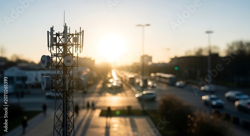 Sunset City Street Scene with Wireless Tower and Moving Cars.