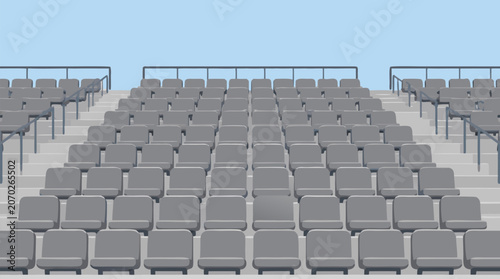 Rows of completely empty gray stadium bleacher seats on concrete steps with a light blue sky in the background, flat vector illustration for sports venue and stadium design themes.