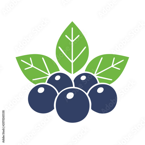 Flat vector icon of blueberries with green leaves