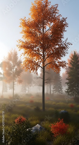 Autumn Tree in Misty Park Landscape at Sunrise.