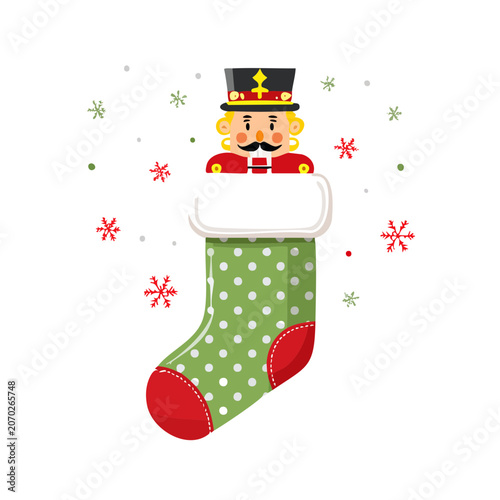 Nutcracker in Polka Dot Christmas Stocking with Snowflakes