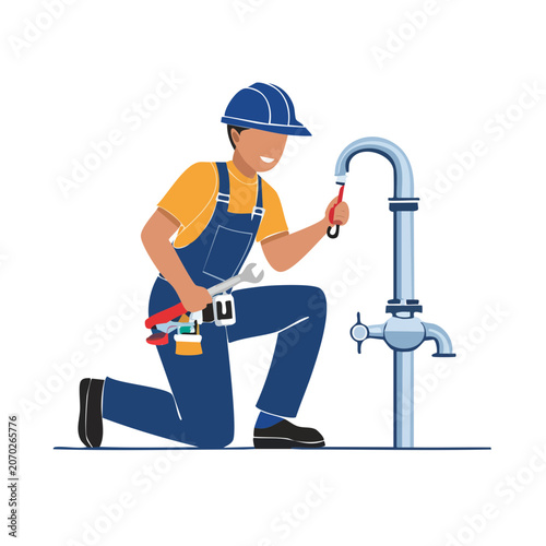 Plumber fixing faucet in flat vector style