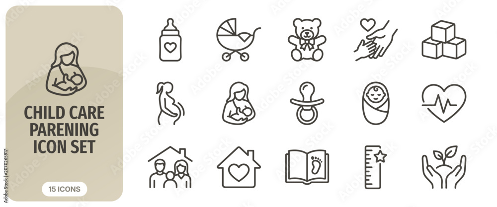 Fototapeta premium Child care and parenting icon set, thin line style, vector illustration collection of icons for baby care, pregnancy, family, and childhood development