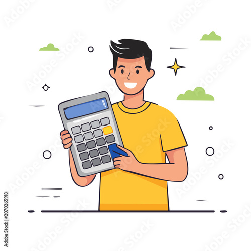 Smiling man holding calculator in flat vector style