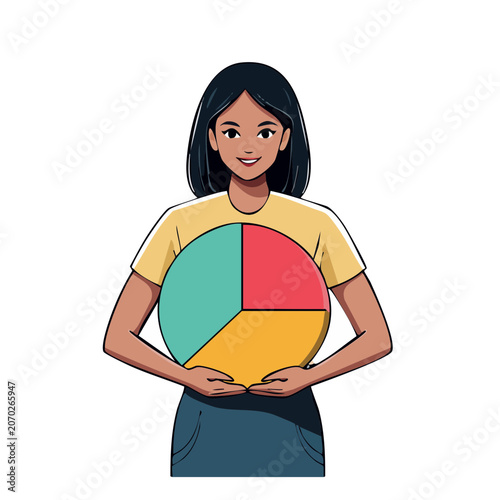 Woman holding colorful pie chart illustration