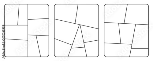 Collage Template Grid: Three distinct collage layouts with asymmetrical fragment divisions. graphic design, blank layout, template grid.