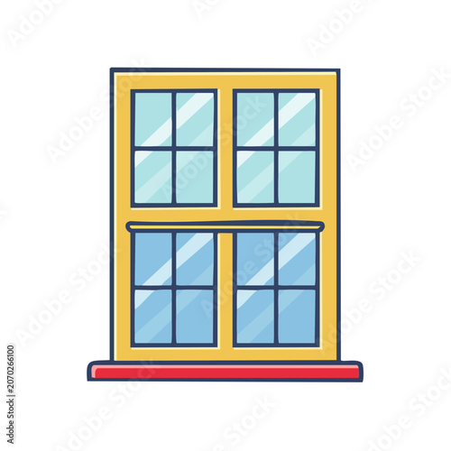 Yellow window with blue glass panes and red sill