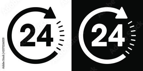 24 Hour Service Icon: A versatile 24-hour service symbol in black and white. round the clock, 24/7 support.